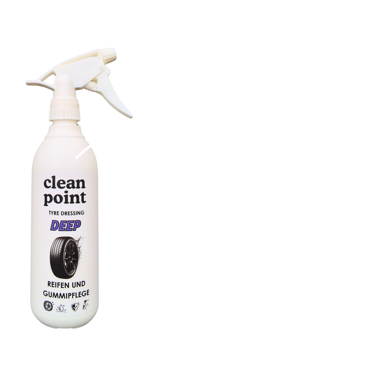 Der Clean Point Reifenglanz wird mit einem Applikator gleichmäßig auf einen sauberen Reifen aufgetragen. Das Ergebnis ist ein tiefschwarzes, gepflegtes Finish mit wasserabweisendem Effekt, UV-Schutz und langanhaltender Pflege.