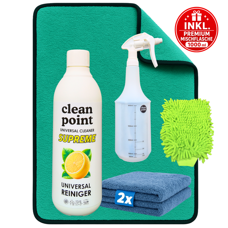 Clean Point Auto Handwäsche Set mit Universalreiniger Konzentrat 500 ml, Premium Mischflasche 1000 ml, Waschhandschuh und 2 Mikrofasertüchern