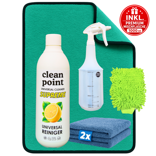 Clean Point Auto Handwäsche Set mit Universalreiniger Konzentrat 500 ml, Premium Mischflasche 1000 ml, Waschhandschuh und 2 Mikrofasertüchern
