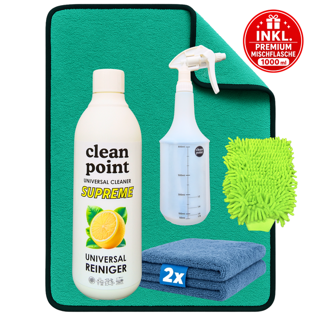 Clean Point Auto Handwäsche Set mit Universalreiniger Konzentrat 500 ml, Premium Mischflasche 1000 ml, Waschhandschuh und 2 Mikrofasertüchern