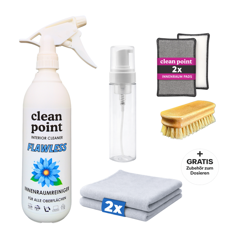 Clean Point Flawless Leder Set mit Innenraumreiniger 500 ml, 2 Innenraumtüchern, Lederbürste, 2 Scrubpads und Schaumflasche