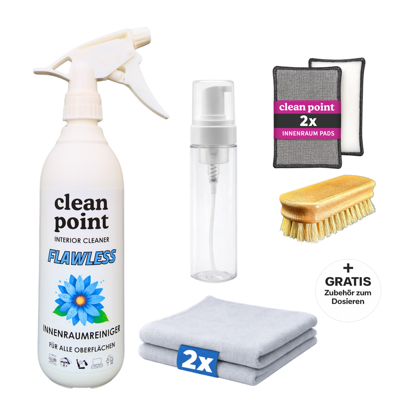 Clean Point Flawless Leder Set mit Innenraumreiniger 500 ml, 2 Innenraumtüchern, Lederbürste, 2 Scrubpads und Schaumflasche