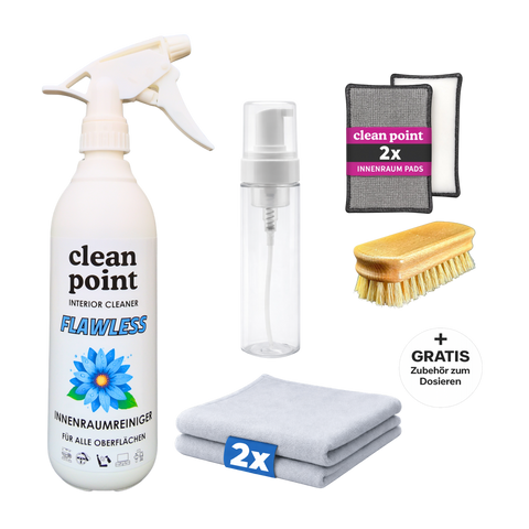 Clean Point Flawless Leder Set mit Innenraumreiniger 500 ml, 2 Innenraumtüchern, Lederbürste, 2 Scrubpads und Schaumflasche