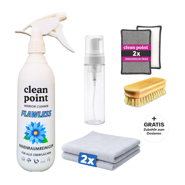 Clean Point Flawless Leder Set mit Innenraumreiniger 500 ml, 2 Innenraumtüchern, Lederbürste, 2 Scrubpads und Schaumflasche