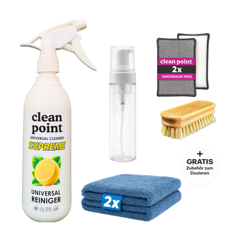 Clean Point Universal Set Plus mit Universalreiniger Konzentrat 500 ml für Fahrzeugaufbereiter, 2 Mikrofasertüchern, 2 Scrubpads, Schaumflasche und Bürste