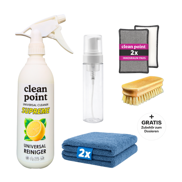 Clean Point Universal Set Plus mit Universalreiniger Konzentrat 500 ml für Fahrzeugaufbereiter, 2 Mikrofasertüchern, 2 Scrubpads, Schaumflasche und Bürste