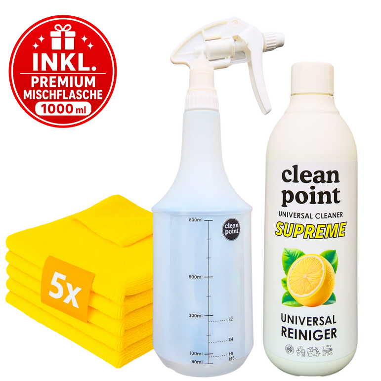 Clean Point Universalreiniger Set mit 5 Mikrofasertüchern und Premium Mischflasche 1000 ml inklusive