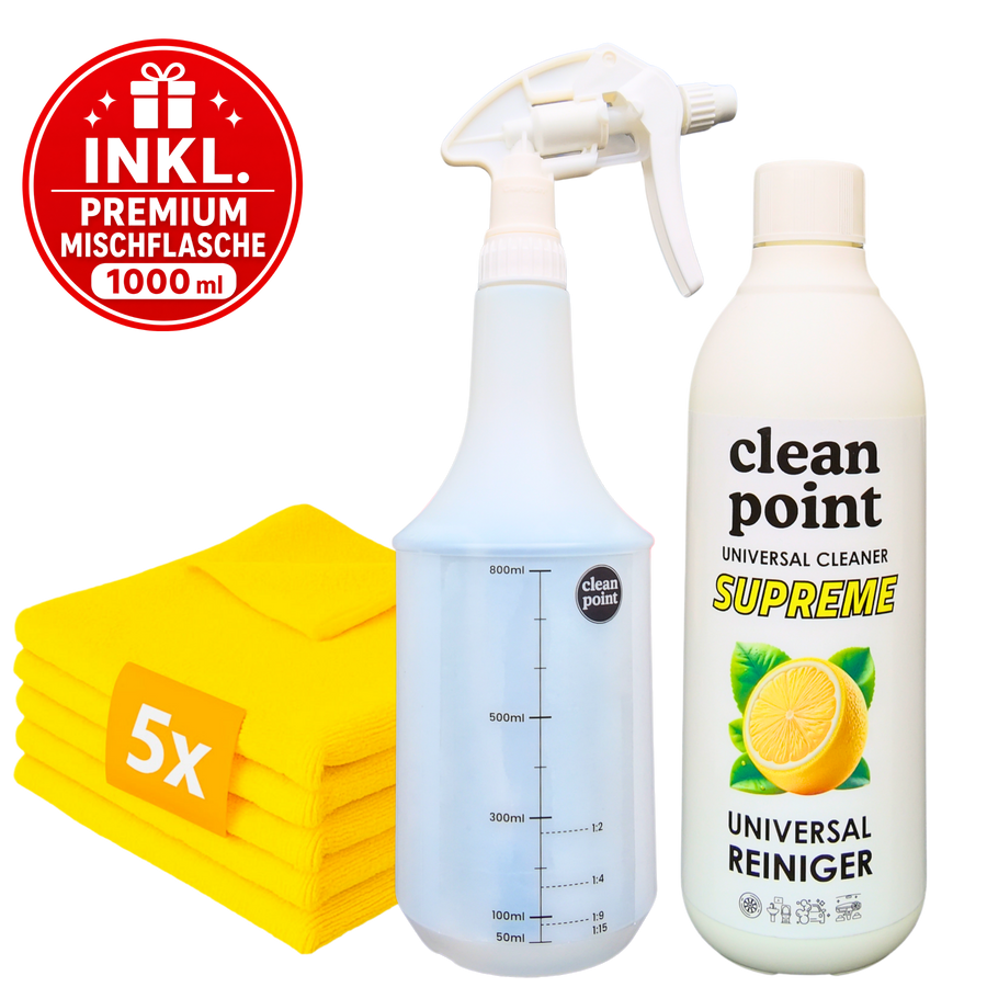 Clean Point Universalreiniger Set mit 5 Mikrofasertüchern und Premium Mischflasche 1000 ml inklusive