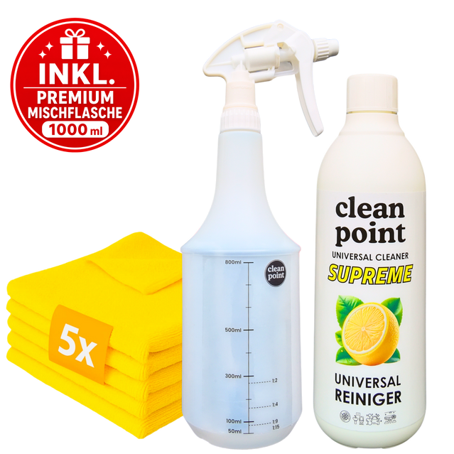 Clean Point Universalreiniger Set mit 5 Mikrofasertüchern und Premium Mischflasche 1000 ml inklusive