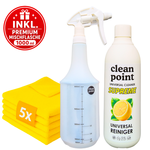 Clean Point Universalreiniger Set mit 5 Mikrofasertüchern und Premium Mischflasche 1000 ml inklusive