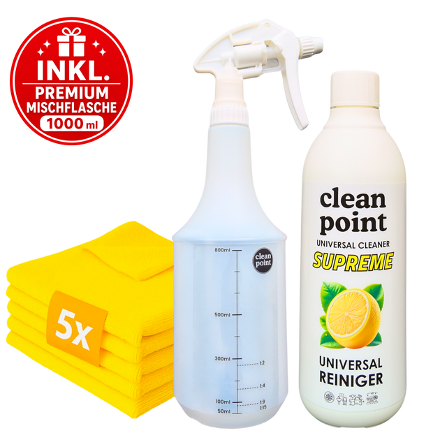 Clean Point Universalreiniger Set mit 5 Mikrofasertüchern und Premium Mischflasche 1000 ml inklusive