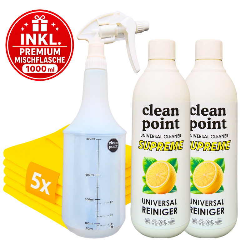 Clean Point Universalreiniger Set Plus mit 2x Universalreiniger Konzentrat 500 ml, 5 Mikrofasertüchern und Premium Mischflasche 1000 ml