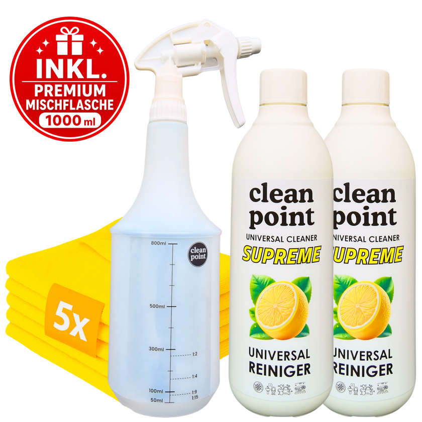 Clean Point Universalreiniger Set Plus mit 2x Universalreiniger Konzentrat 500 ml, 5 Mikrofasertüchern und Premium Mischflasche 1000 ml
