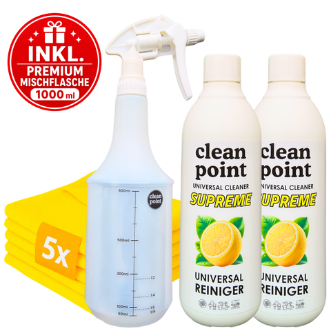 Clean Point Universalreiniger Set Plus mit 2x Universalreiniger Konzentrat 500 ml, 5 Mikrofasertüchern und Premium Mischflasche 1000 ml