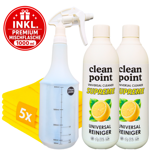 Clean Point Universalreiniger Set Plus mit 2x Universalreiniger Konzentrat 500 ml, 5 Mikrofasertüchern und Premium Mischflasche 1000 ml